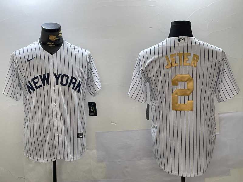 Mens New York Yankees #2 Derek Jeter White Pinstripe Fashion Cool Base Jersey